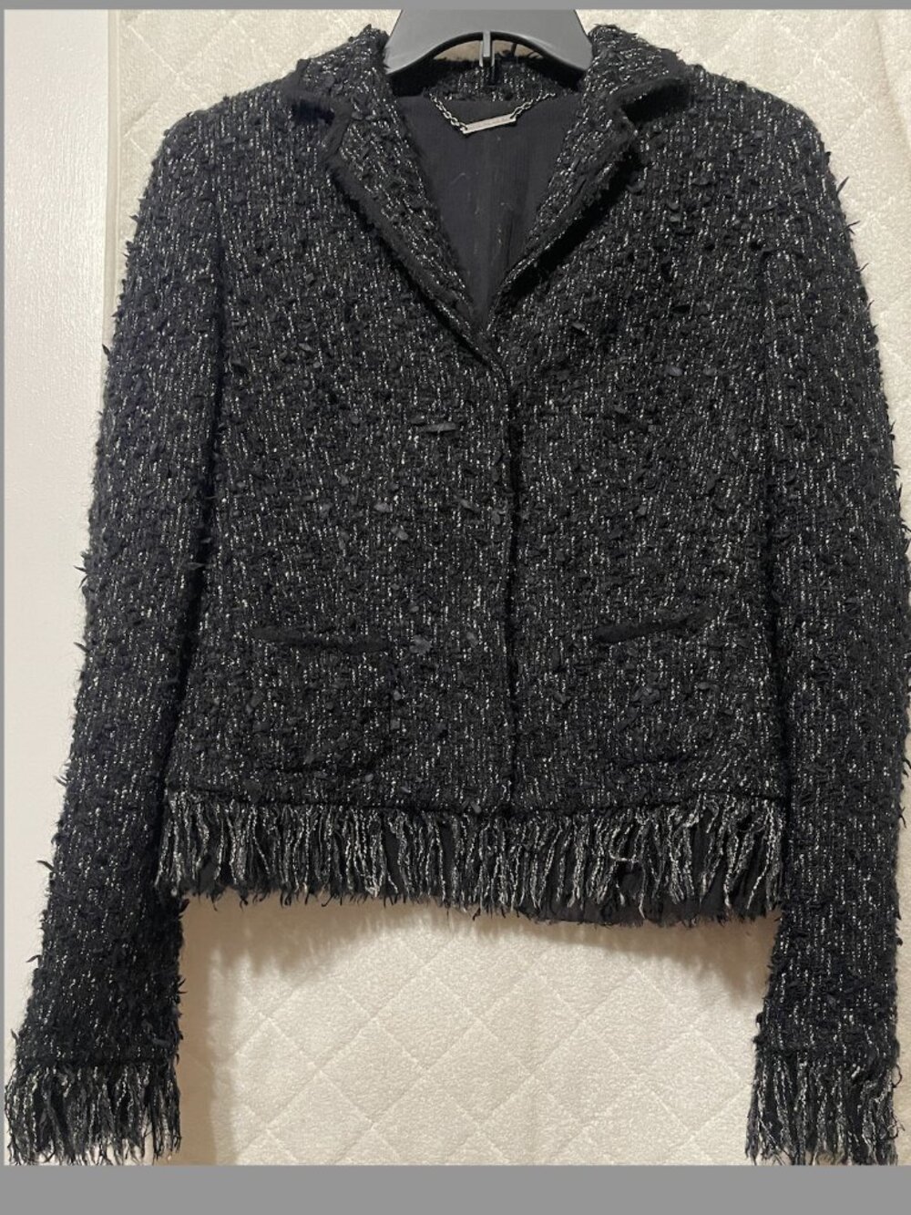 Elie Tahari Black Tweed Fringe Jacket Virgin Wool Silk Blend SZ M Luxury Chic